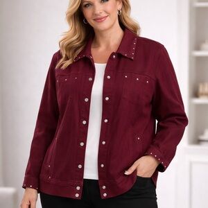 CJ‎ Banks Maroon Stretch Denim Jacket 1X Studded Button Front Plus Size